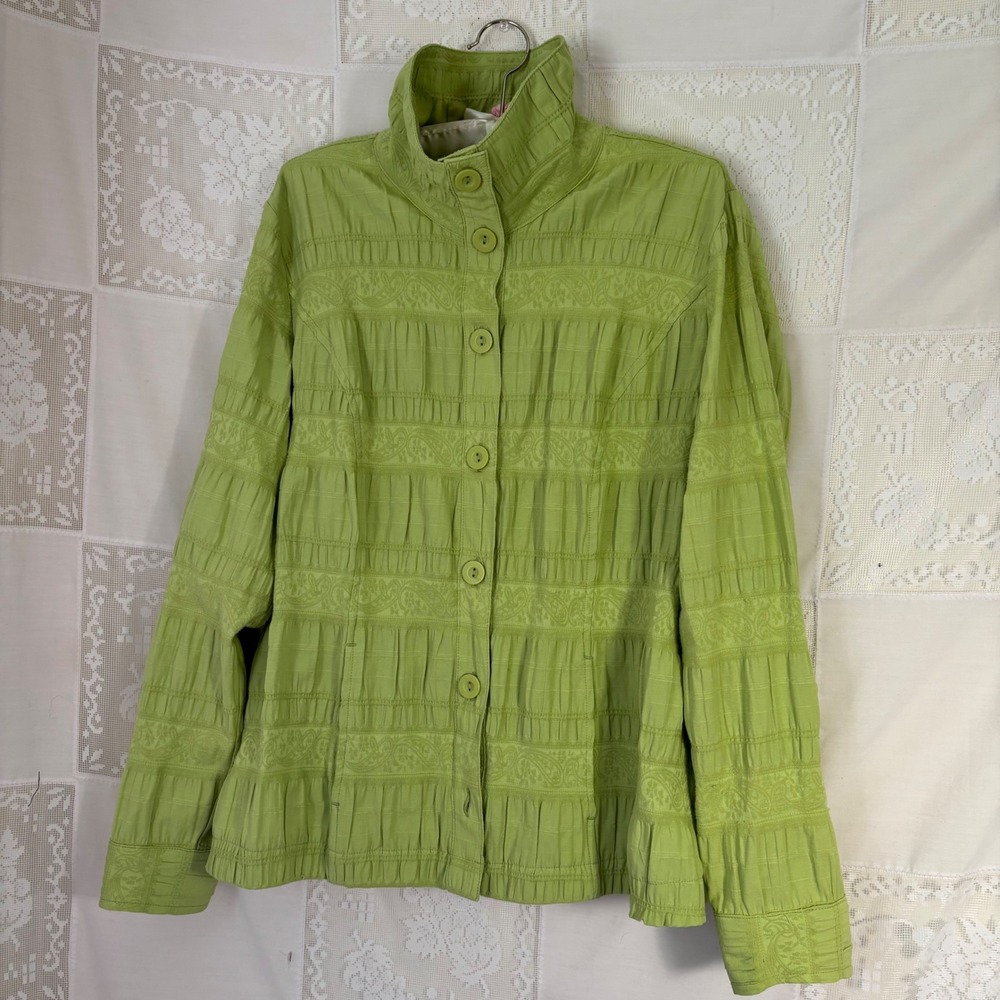 Lime Green Textured Button Front Lightweight Boho Jacket/Blouse Size L